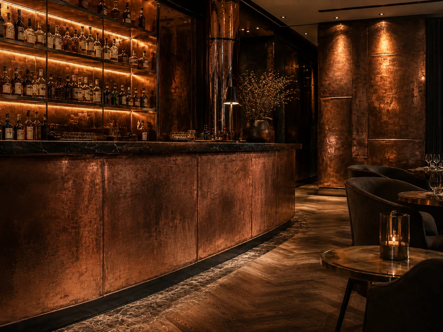 Custom copper bar counter cladding in a restaurant