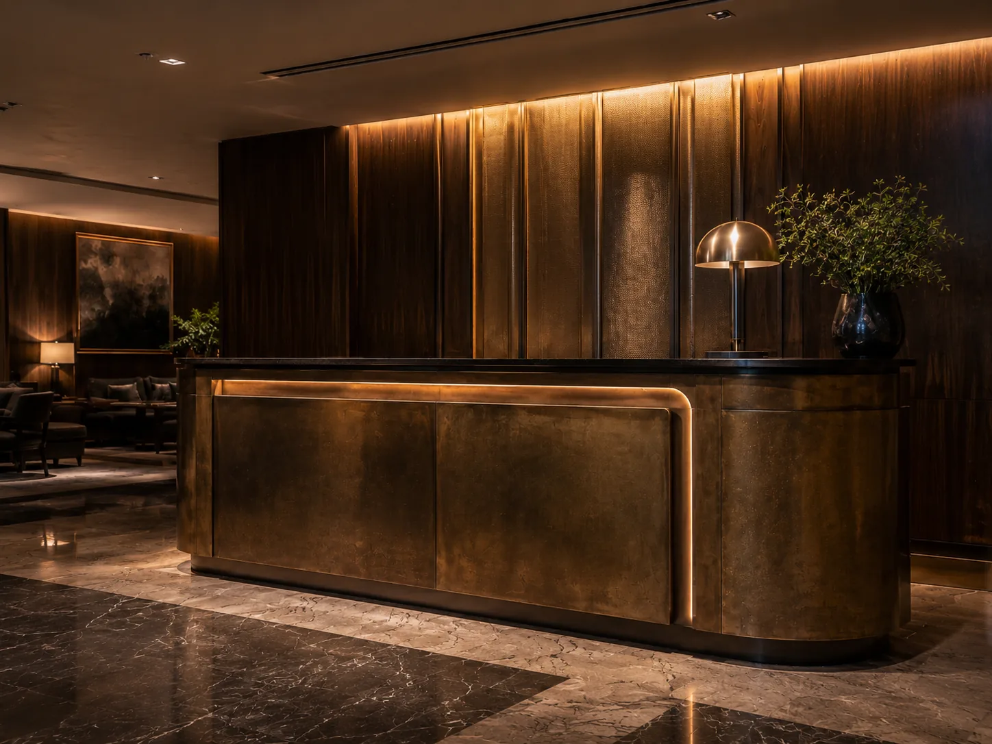 Bespoke metal-clad reception counter for a hotel