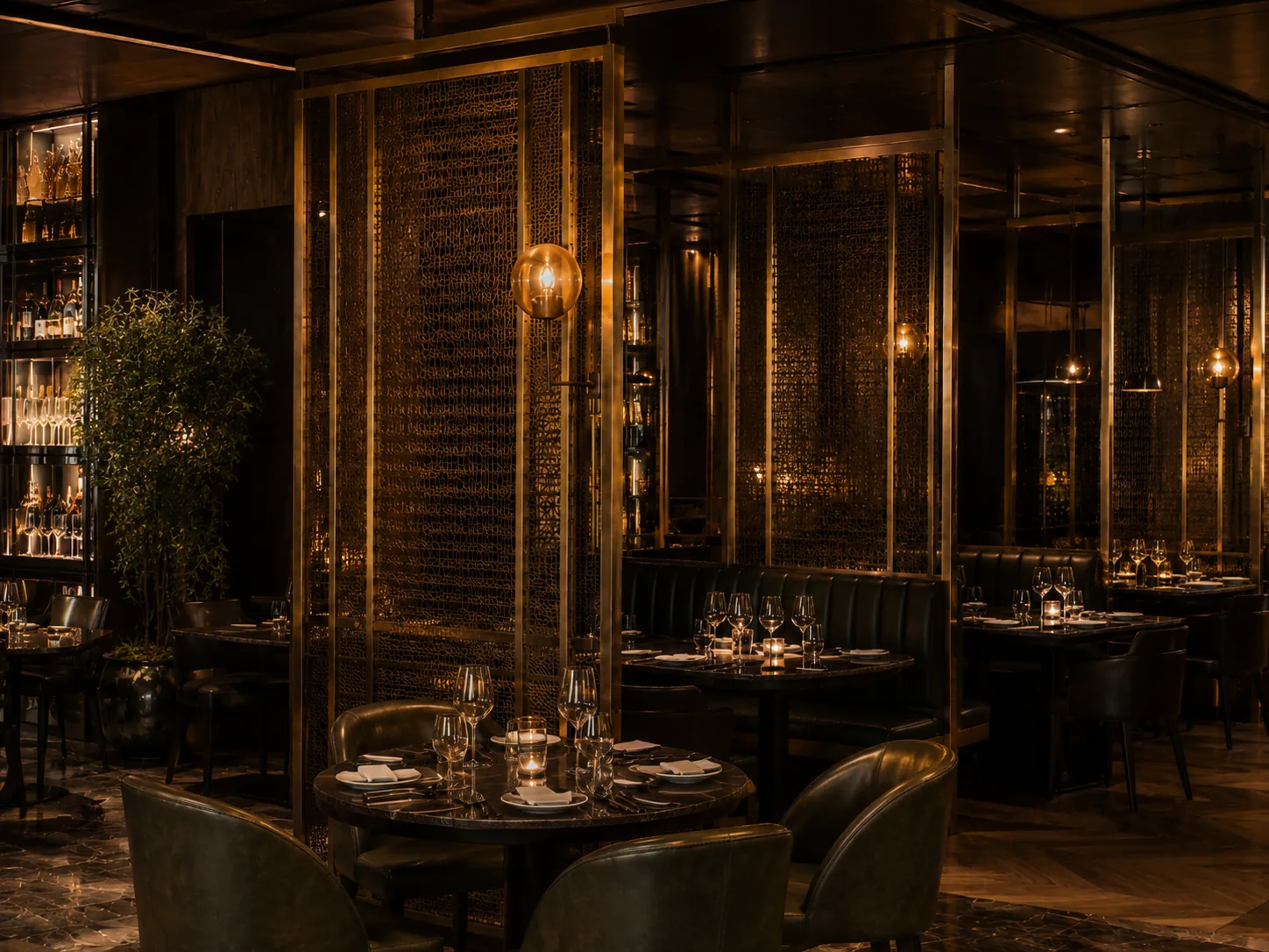 Custom brass screens and metalwork in a restaurant interior