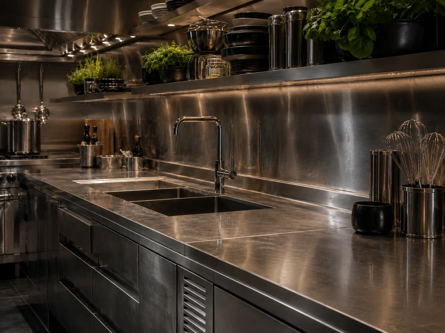 Bespoke stainless-steel worktop and sink area
